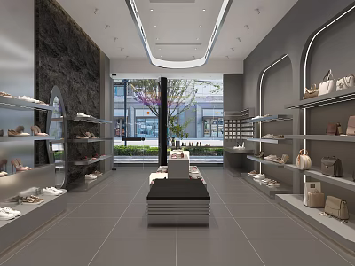 Modern Shoe And Bag Store Interior With Shelves Display Table Bright Lighting And Large Windows 3d model