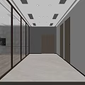 Modern Office Corridor Featuring Blue Wall Reception Desk Hanging Pendant Lights And Glass Door