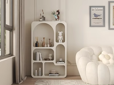 Modern White Bookcase With Geometric Shelves Holding Books And Decor In Bright Interior 3d model
