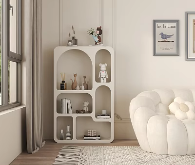 Modern White Bookcase With Geometric Shelves Holding Books And Decor In Bright Interior 3d model