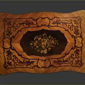 Antique Wooden Dining Table With Ornate Carved Inlay And Curved Legs