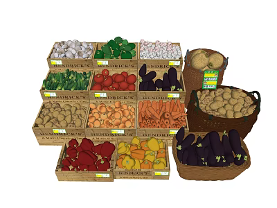 Colorful Fresh Vegetables Displayed at Market Stall in Wooden Crates and Baskets 3d model