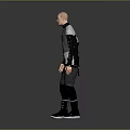 Game Movie Character with Bald Head in Sci Fi Dark Jacket Gray Black Pants Boots