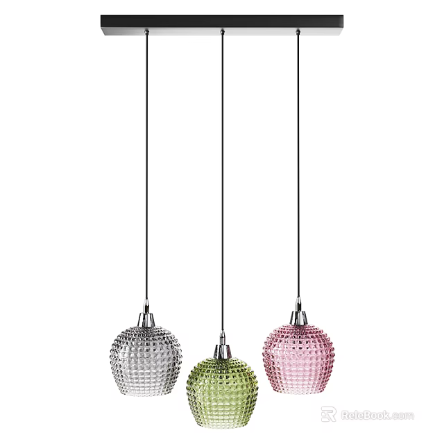 Modern Three Multi Colored Spherical Pendant Lights With Cut Glass Design Hanging On Thin Cords 3d model 