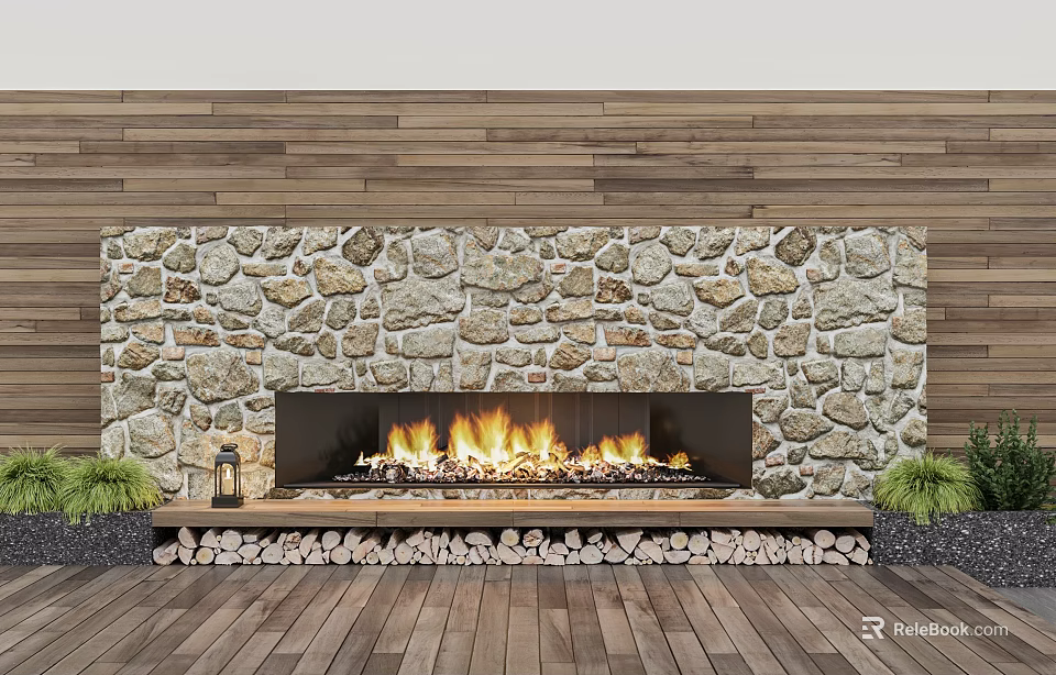 Fireplace With Stone Wall Flames Firewood And Greenery 3d model
