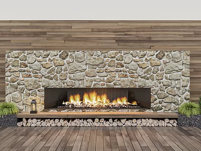 Fireplace With Stone Wall Flames Firewood And Greenery 3d model