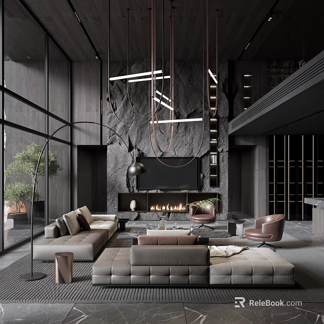 Modern Duplex Living Room With Floor To Ceiling Windows Hanging Pendant Lights And Leather Sofas 3d model 