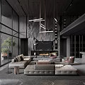 Modern Duplex Living Room With Floor To Ceiling Windows Hanging Pendant Lights And Leather Sofas