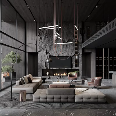 Modern Duplex Living Room With Floor To Ceiling Windows Hanging Pendant Lights And Leather Sofas 3d model