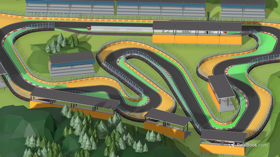 Racing Circuit With Curved Track Layout Grandstands Buildings And Surrounding Trees 3d model 