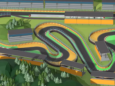 Racing Circuit With Curved Track Layout Grandstands Buildings And Surrounding Trees 3d model