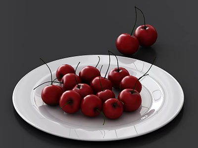 Juicy Red Cherries on White Plate with Some Outside on Dark Background 3d model