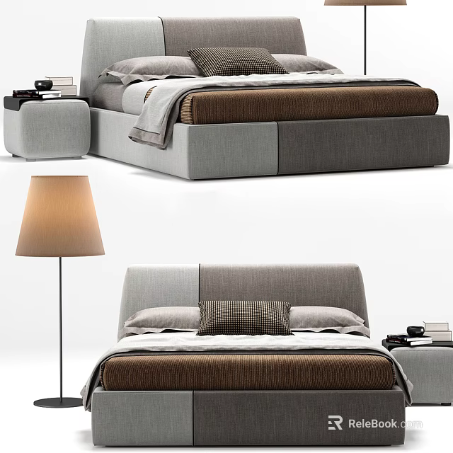 Modern Double Bed With Gray Brown Headboard Pillows Nightstand And Floor Lamp 3d model 