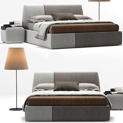 Modern Double Bed With Gray Brown Headboard Pillows Nightstand And Floor Lamp 3d model