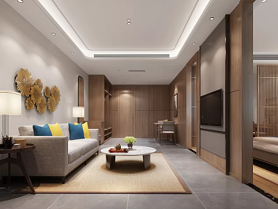 Modern Hotel Room Interior With Sofa Colorful Cushions Coffee Table And TV 3d model
