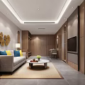 Modern Hotel Room Interior With Sofa Colorful Cushions Coffee Table And TV