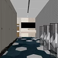 Public Restroom Modern Interior Design With White Cubicles Hexagonal Floor Tiles And Mirrored Sink Counter