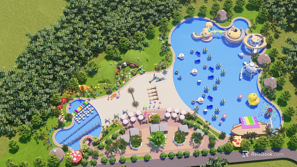 Aerial View of Water Park Featuring Pools Slides Lush Greenery and Seating Areas 3d model 