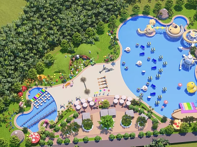 Aerial View of Water Park Featuring Pools Slides Lush Greenery and Seating Areas 3d model