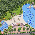 Aerial View of Water Park Featuring Pools Slides Lush Greenery and Seating Areas