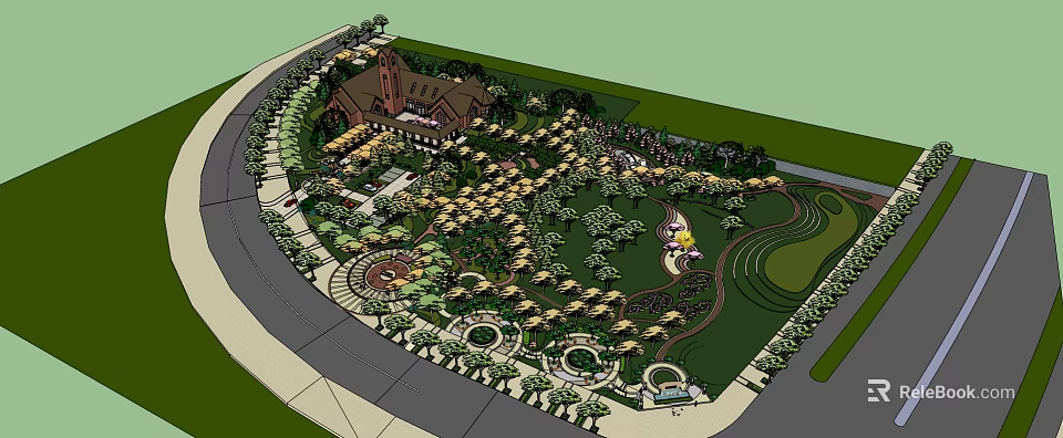 Scenic Park Landscape Design With Central Building Lush Trees Circular Plazas And Winding Paths 3d model 