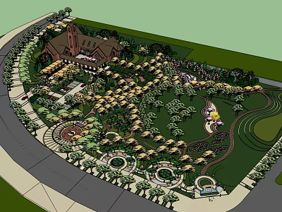 Scenic Park Landscape Design With Central Building Lush Trees Circular Plazas And Winding Paths 3d model