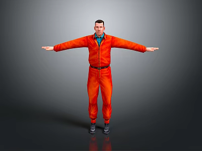 Man in Orange Jumpsuit Standing with Arms Outstretched Against Gray Background 3d model