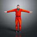 Man in Orange Jumpsuit Standing with Arms Outstretched Against Gray Background