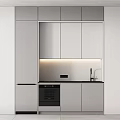 Modern Kitchen With Gray And Wooden Built in Cabinets Sink Faucet And Oven Lighting