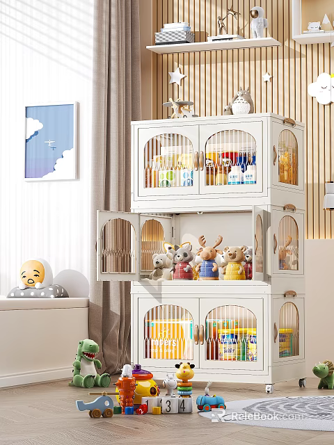 White Storage Cabinet With Multiple Layers And Doors For Kids Room Toys And Books 3d model 