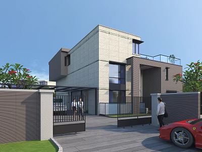 Modern Detached Villa Exterior With Stone Facade Large Windows Front Yard And Red Car 3d model