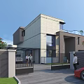 Modern Detached Villa Exterior With Stone Facade Large Windows Front Yard And Red Car