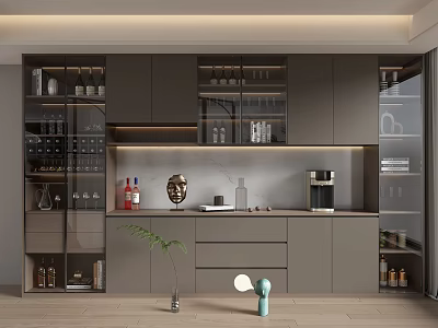 Modern Wine Cabinet Interior Design With Glass Doors Marble Top And Green Plant Decor 3d model