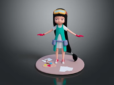 3D Model Woman in Green Dress with Goggles and Painting Supplies on Round Platform 3d model