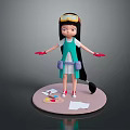 3D Model Woman in Green Dress with Goggles and Painting Supplies on Round Platform