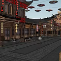 Chinese Garden Landscape With Traditional Ancient Street Red Lanterns And Hanging Oil Paper Umbrellas