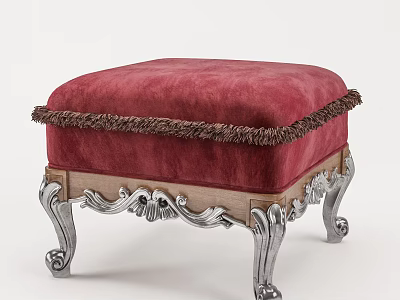 Elegant Red Ottoman With Fringed Trim And Ornate Silver Carved Legs 3d model