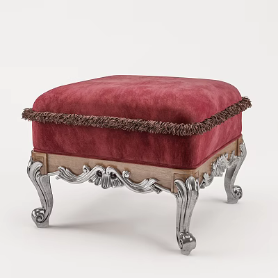 Elegant Red Ottoman With Fringed Trim And Ornate Silver Carved Legs 3d model
