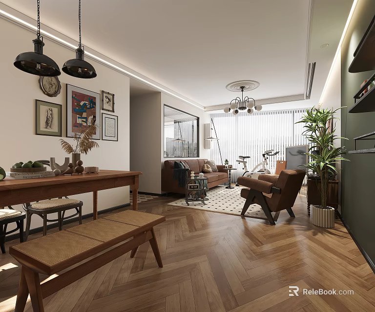 Cozy Retro Open Plan Dining And Living Room With Herringbone Wood Flooring And Leather Sofas 3d model 