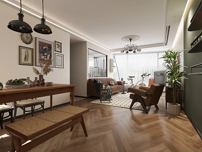 Cozy Retro Open Plan Dining And Living Room With Herringbone Wood Flooring And Leather Sofas 3d model