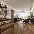 Cozy Retro Open Plan Dining And Living Room With Herringbone Wood Flooring And Leather Sofas
