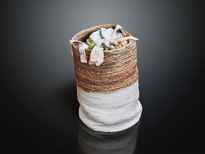 Woven Storage Basket With Brown And White Design Holding Decorative Fabric Items 3d model