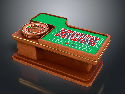 Roulette Gaming Table with Green Surface Red and Black Number Grid and Wooden Frame Design 3d model