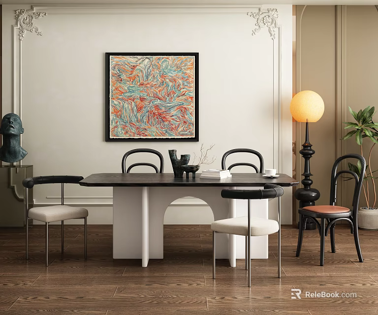 Elegant Dining Table Set With Colorful Wall Art Floor Lamp Chairs And Potted Plant 3d model 