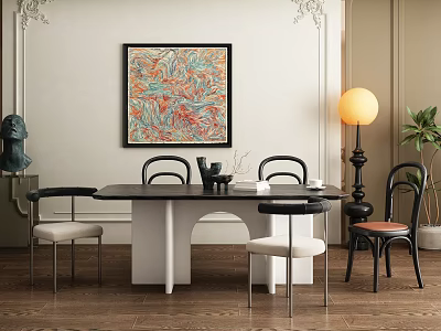 Elegant Dining Table Set With Colorful Wall Art Floor Lamp Chairs And Potted Plant 3d model
