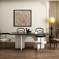 Elegant Dining Table Set With Colorful Wall Art Floor Lamp Chairs And Potted Plant