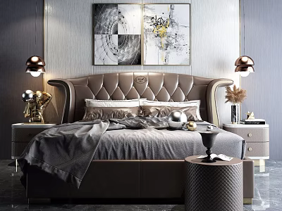 Elegant Modern Double Bed with Tufted Headboard Nightstands Lamps and Abstract Wall Paintings 3d model