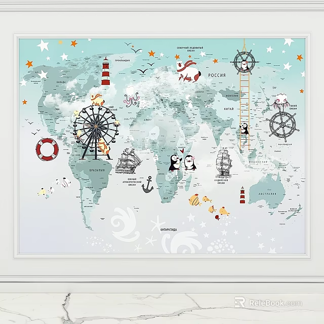 Decorative Nautical Elements On World Map With Lighthouse Ship Wheel Lifebuoy Anchor And Penguins 3d model 