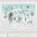 Decorative Nautical Elements On World Map With Lighthouse Ship Wheel Lifebuoy Anchor And Penguins