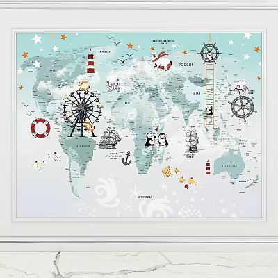 Decorative Nautical Elements On World Map With Lighthouse Ship Wheel Lifebuoy Anchor And Penguins 3d model